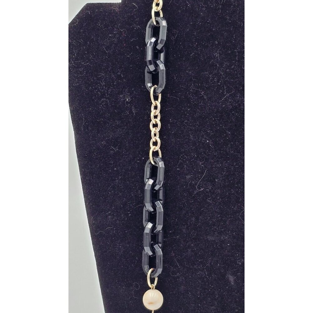 Ann Taylor Gold Tone Chain Necklace w/ Black White Beads & Rhinestone Accents - Picture 4 of 7